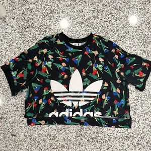 Adidas Originals Black Floral Print Low-High Crop Top. Size Large
